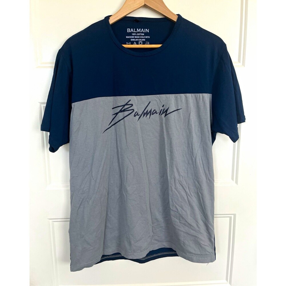 Balmain Paris Men's Colorblock Script Logo T-Shirt Navy Blue/Grey Size XL